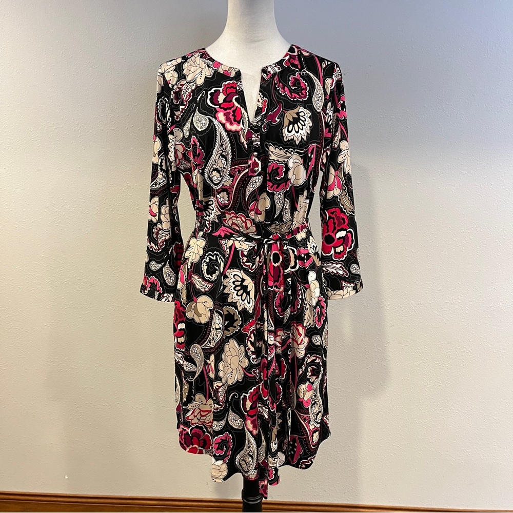 Dana Buchman Floral paisley Print long sleeves mini Dress with belt size‎ large